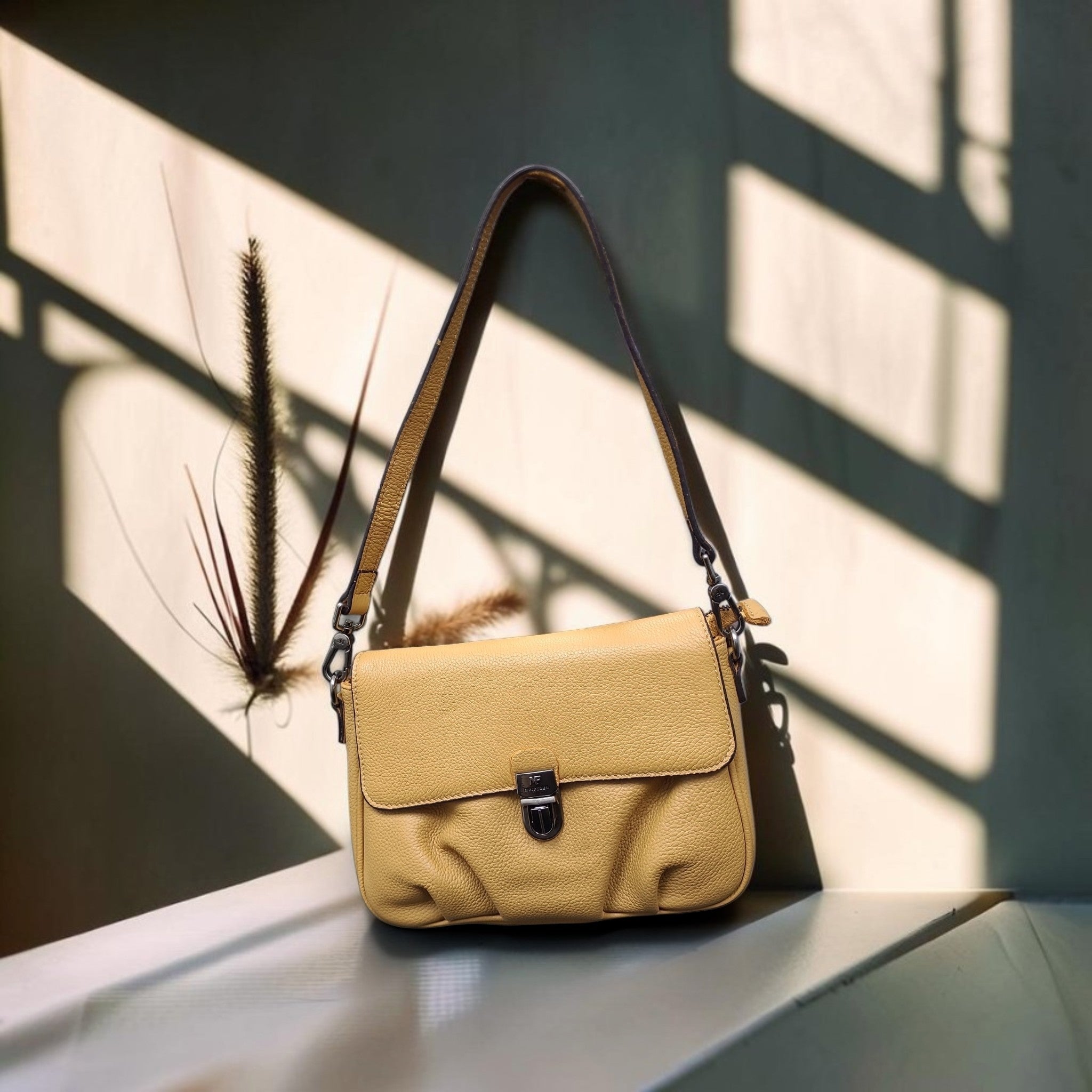 Warm Yellow Pleated Leather Crossbody Bag