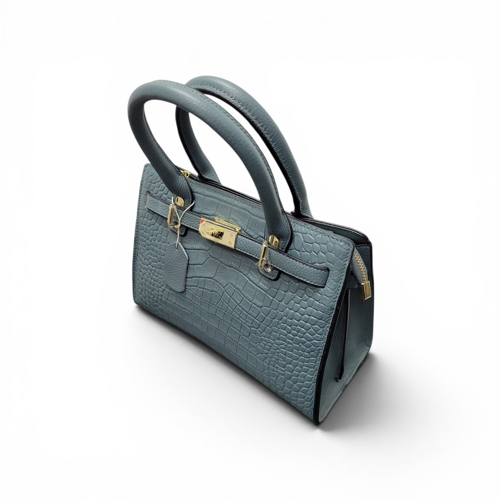 Elegant Grey Croc-Embossed Leather Top Handle Bag