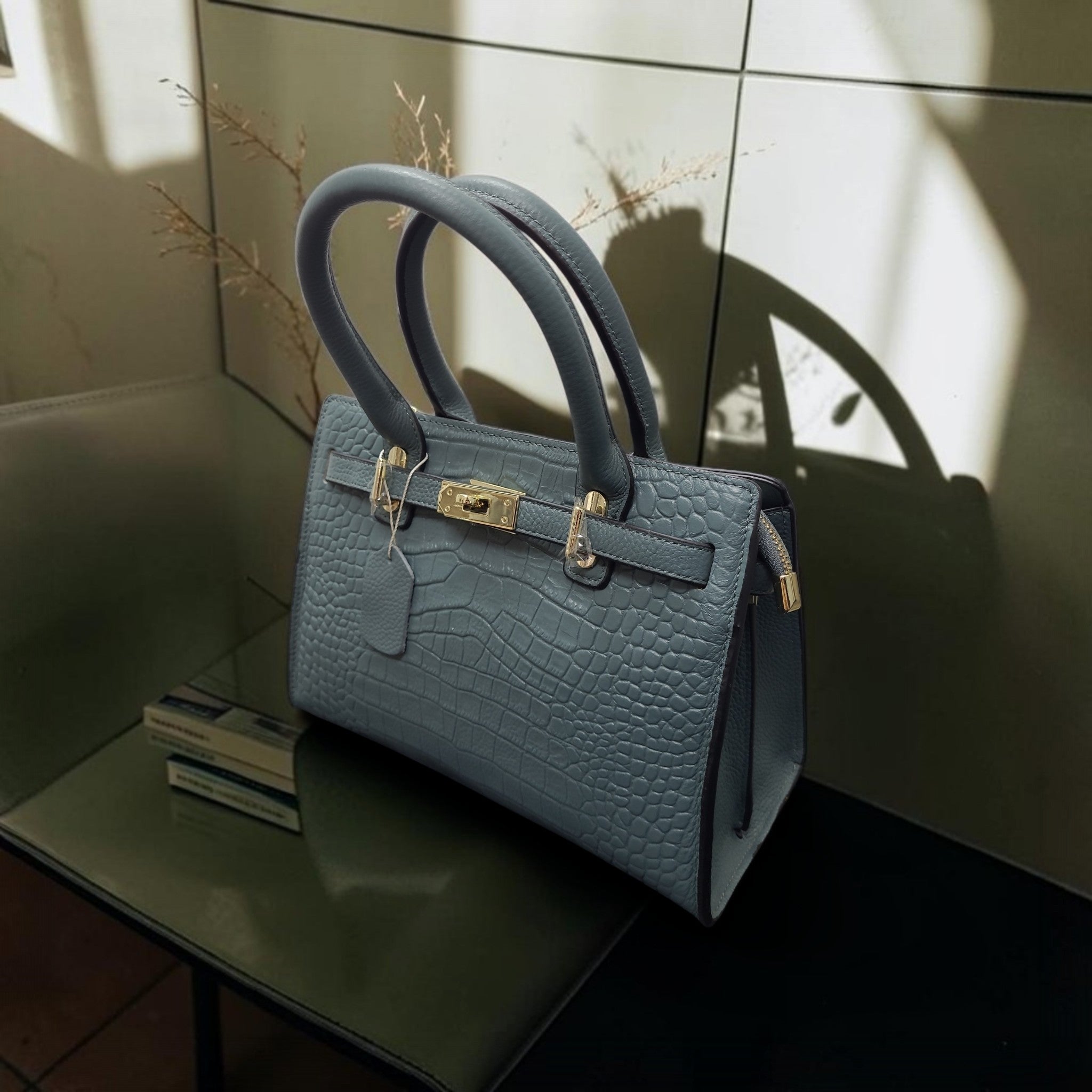 Elegant Grey Croc-Embossed Leather Top Handle Bag