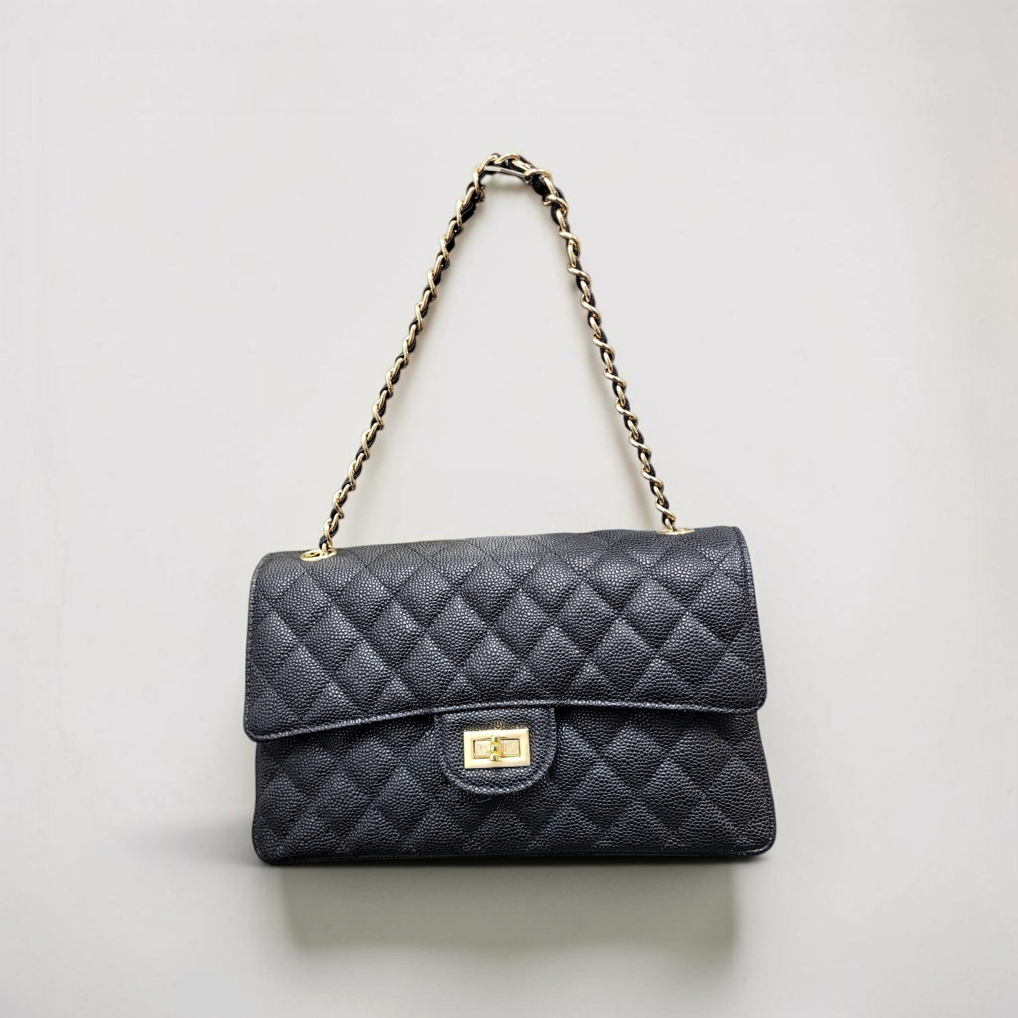 Black Quilted Caviar Leather Flap Bag