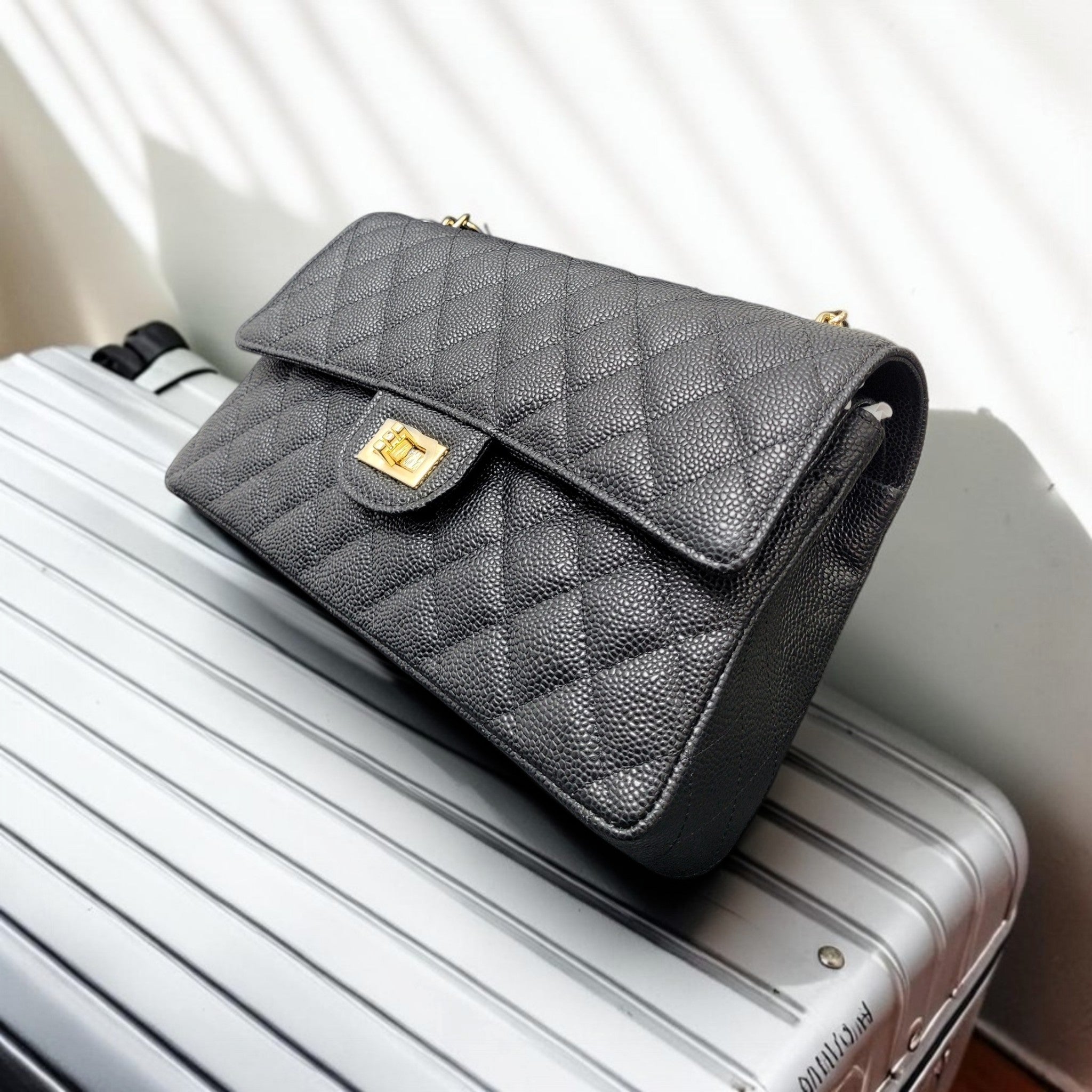 Black Quilted Caviar Leather Flap Bag