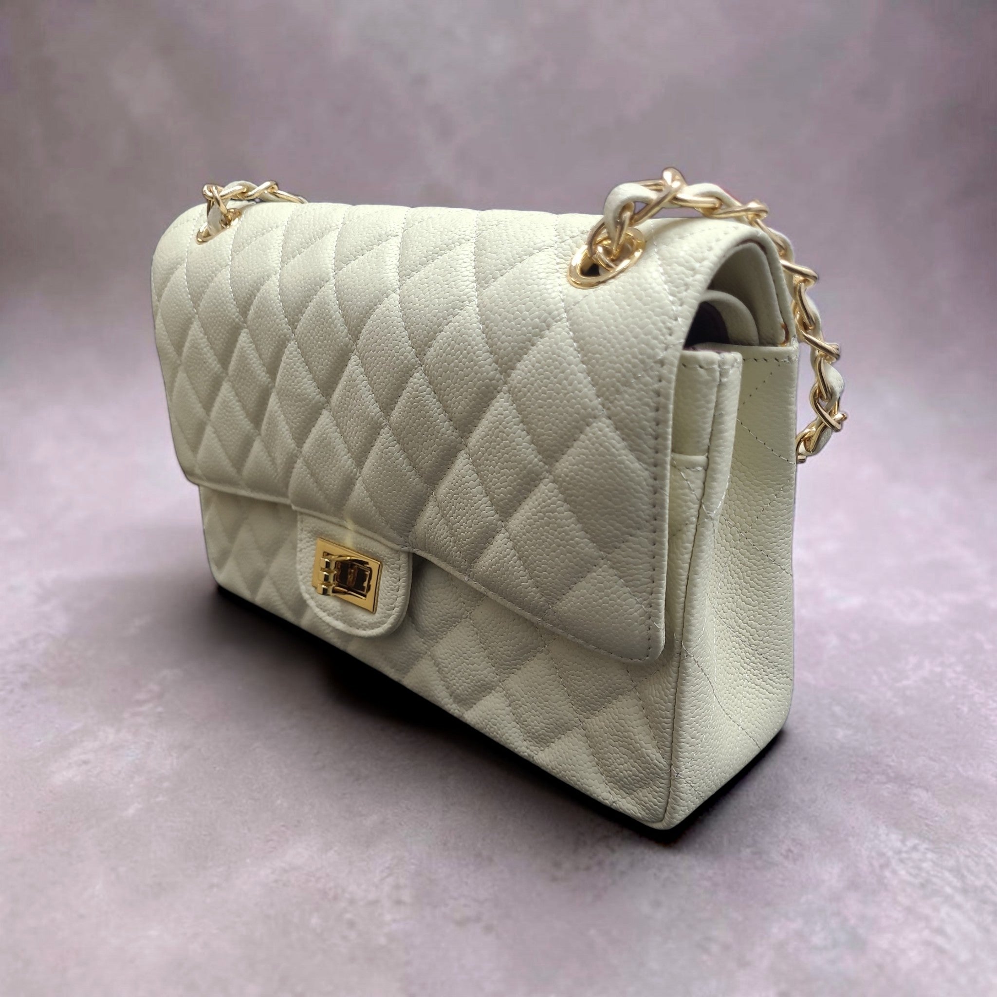 Cream White Quilted Caviar Leather Flap Bag