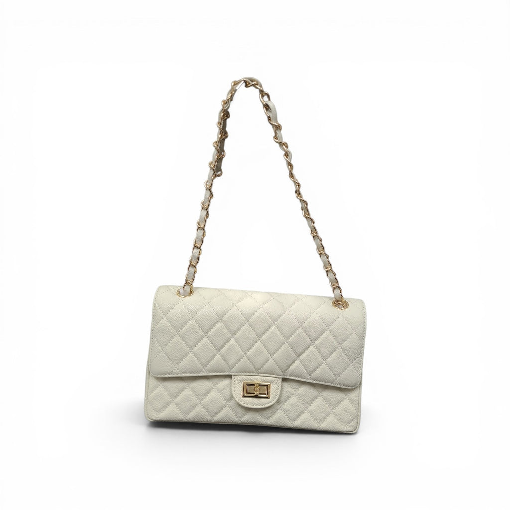 Cream White Quilted Caviar Leather Flap Bag