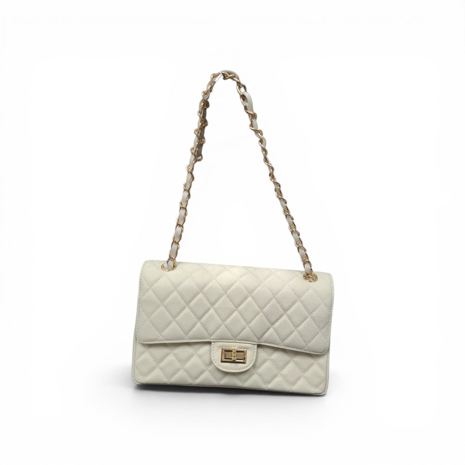 Cream White Quilted Caviar Leather Flap Bag