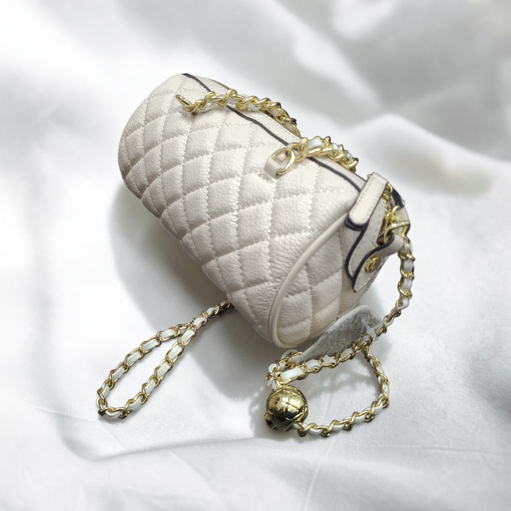 Cream White Quilted Leather Barrel Bag