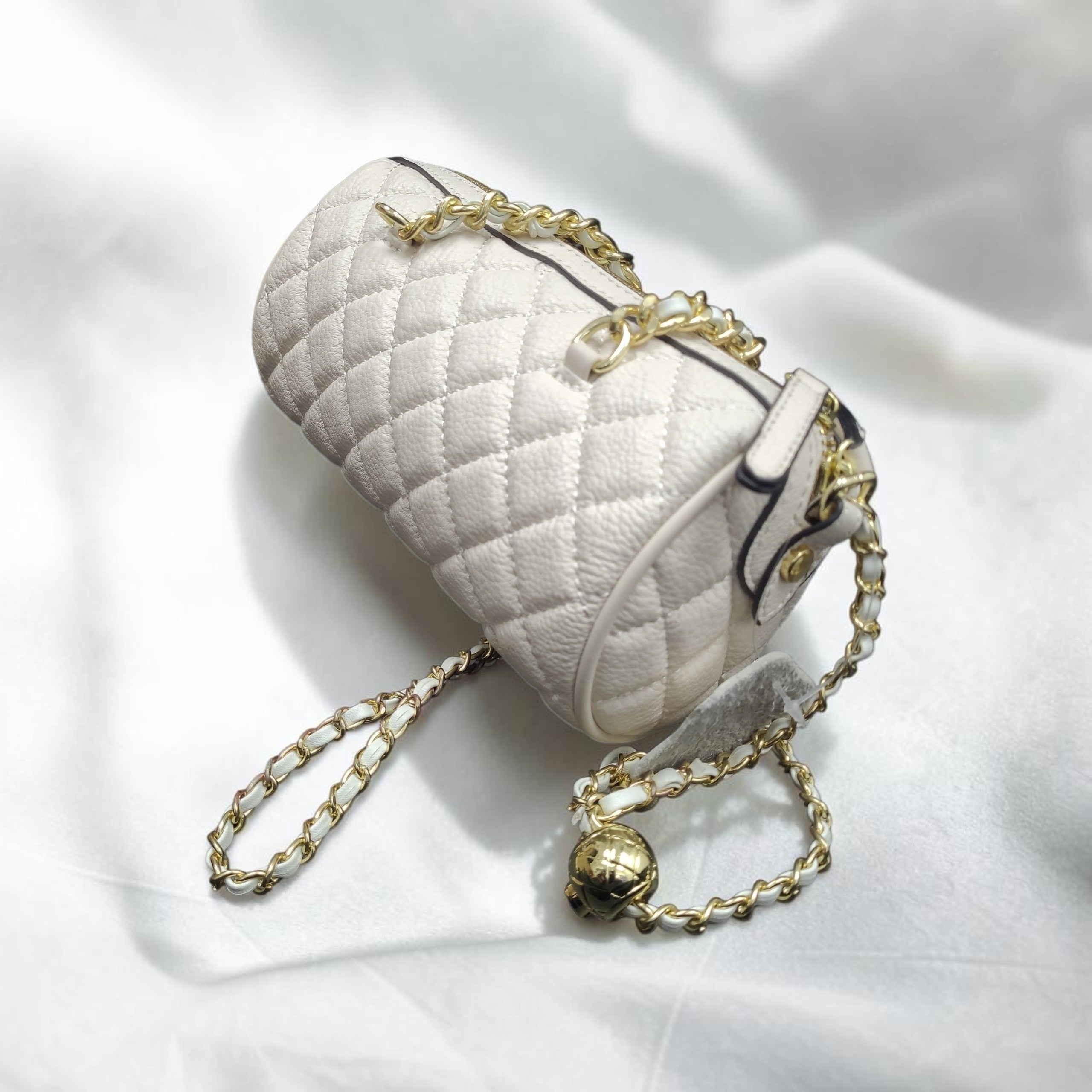 Cream White Quilted Leather Barrel Bag