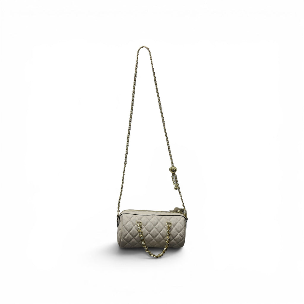 Cream White Quilted Leather Barrel Bag