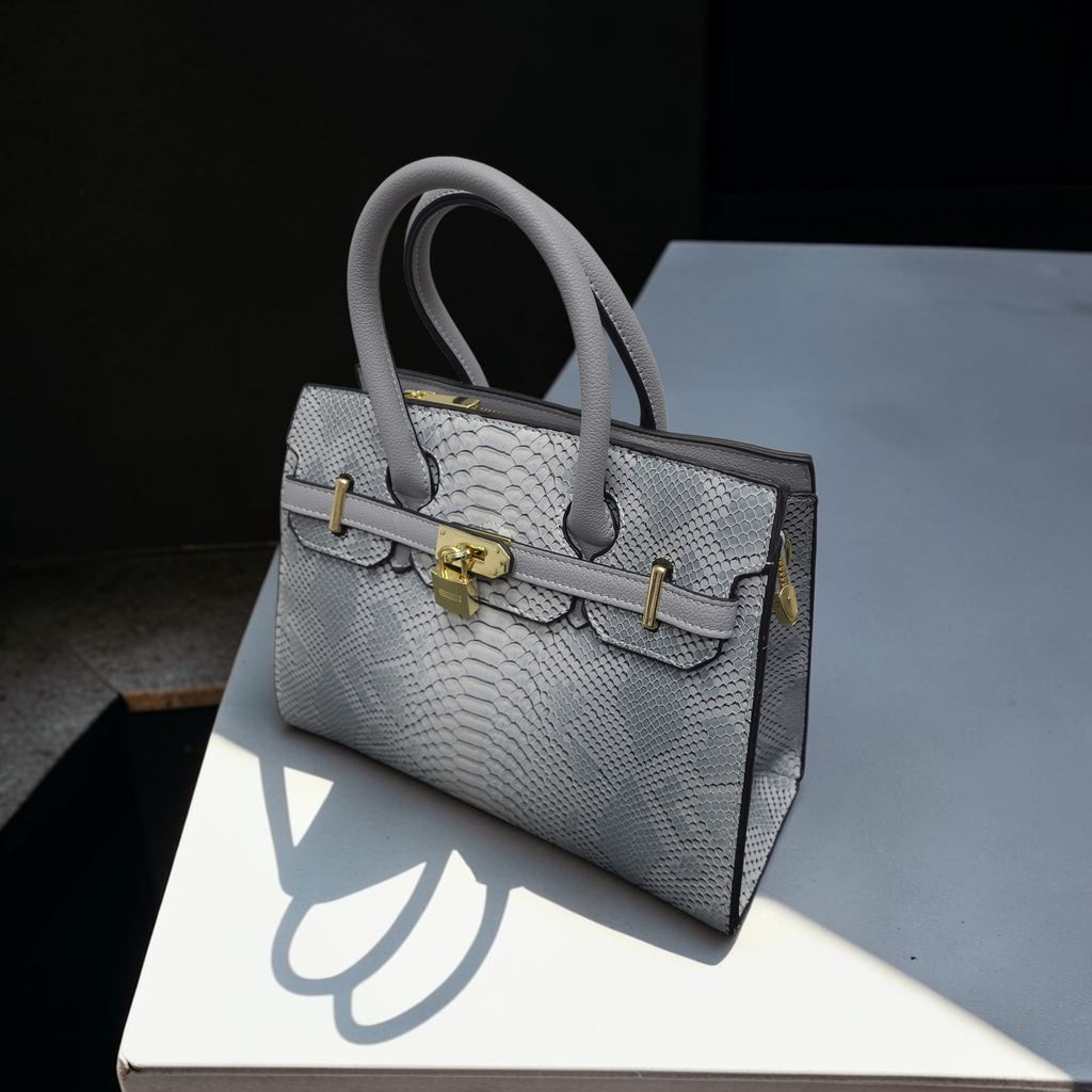 Light Grey Snake-Embossed Leather Top Handle Bag