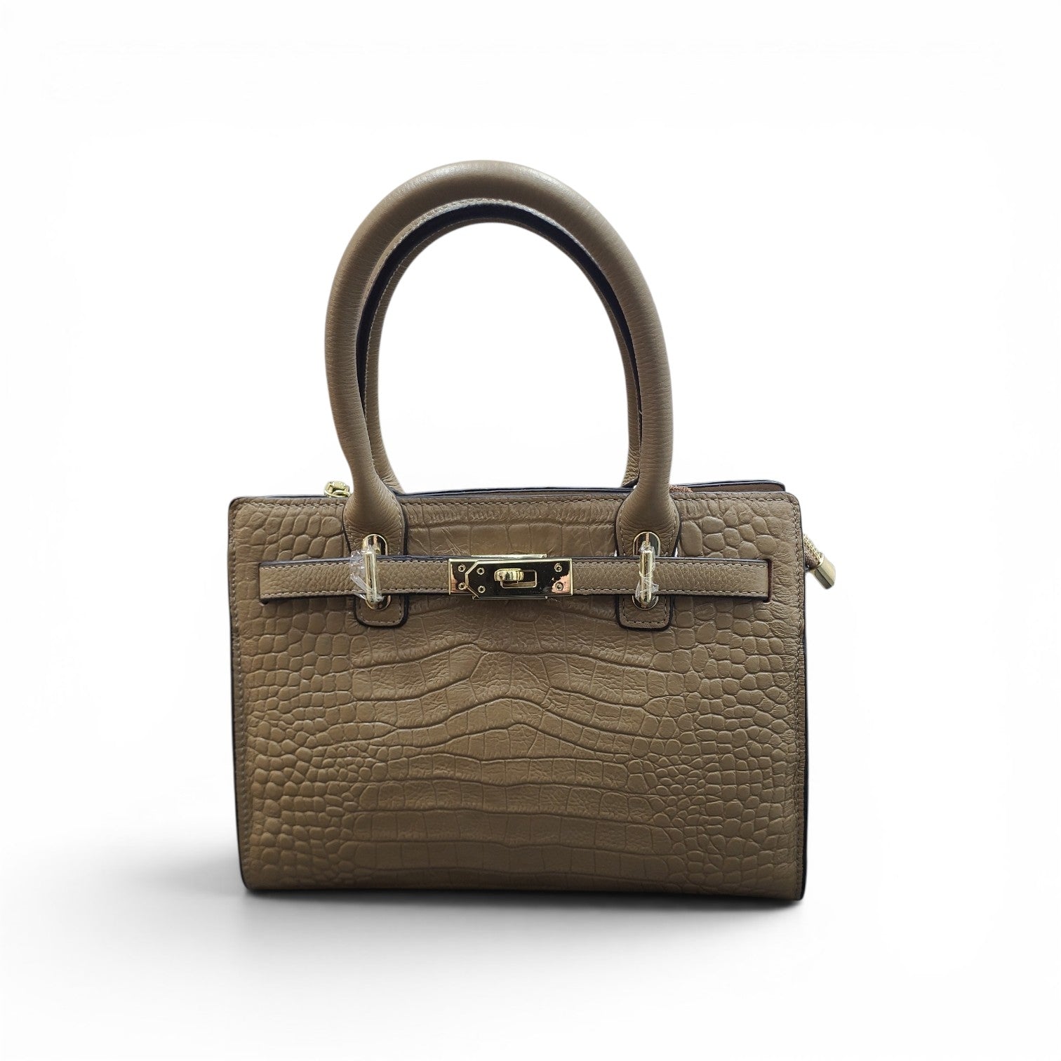 Taupe Croc-Embossed Leather Top Handle Bag