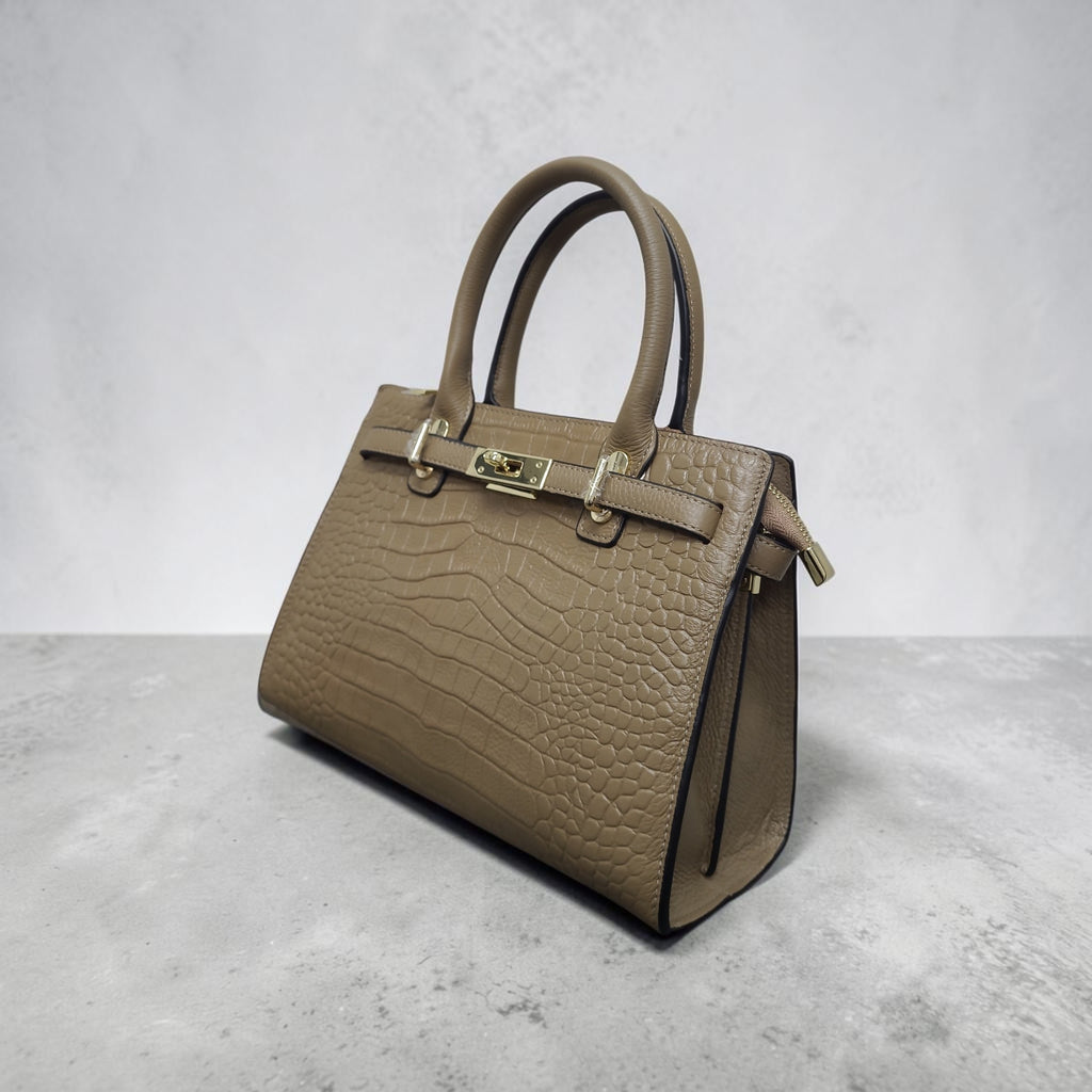 Taupe Croc-Embossed Leather Top Handle Bag
