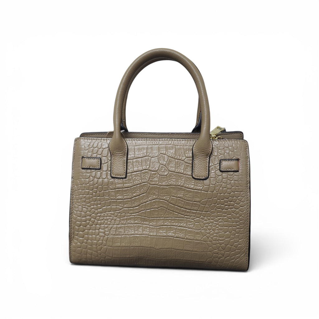 Taupe Croc-Embossed Leather Top Handle Bag